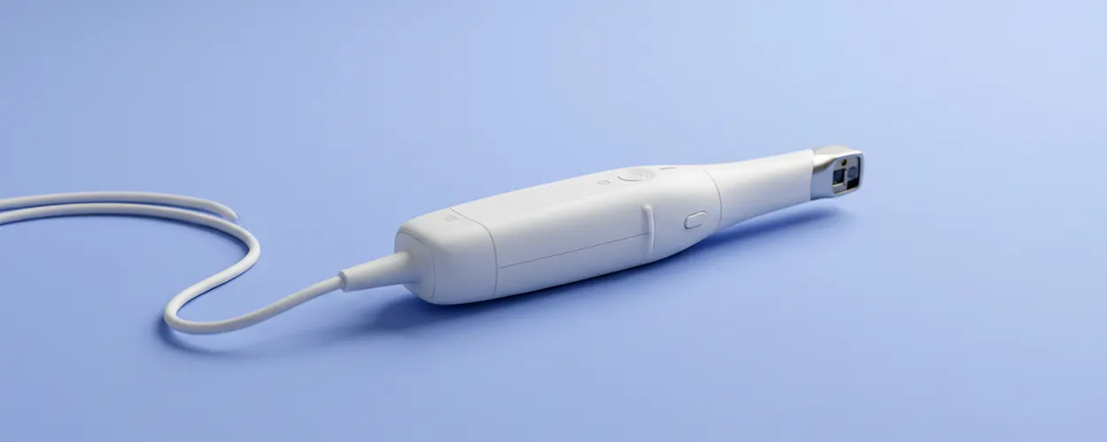 3D intraoral scanner on a pastel backdrop